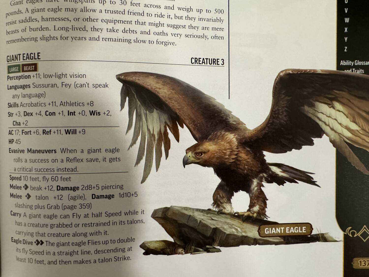 Pathfinder Monster Core book showing the image and statblock for the Giant Eagle for Pathfinder Second Edition.