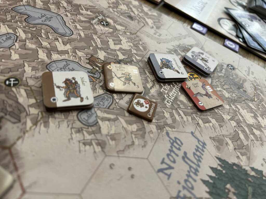 A close-up photo of some tokens mid-game.