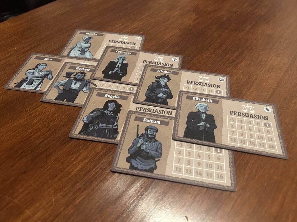 The eight possible Jurists included in the game. Each card shows an illustration to the left of a numerical grid.