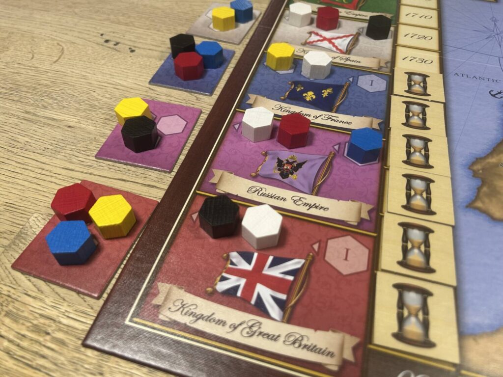 The Action Selection system makes tracking the available actions for each nation simple. The available actions are on a token to the left of the board. The actions that will join them next round are on the main board, and the action chosen this round is moved to the far right of the nation's box.