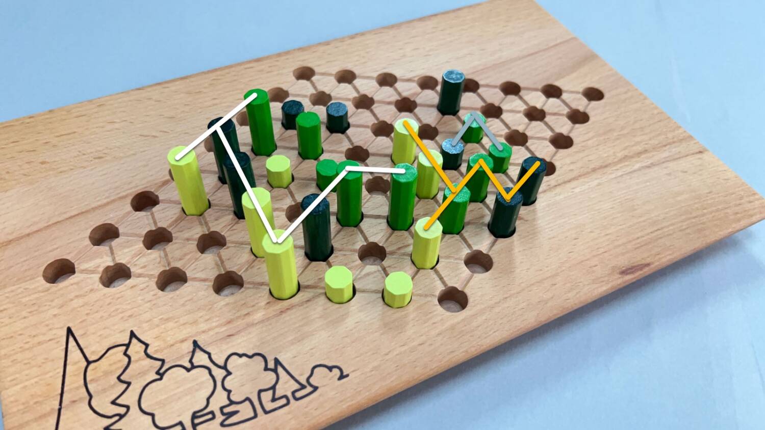 The tallest pieces are joined by the white line; the medium pieces by the orange line; and the smallesst by the gray line.