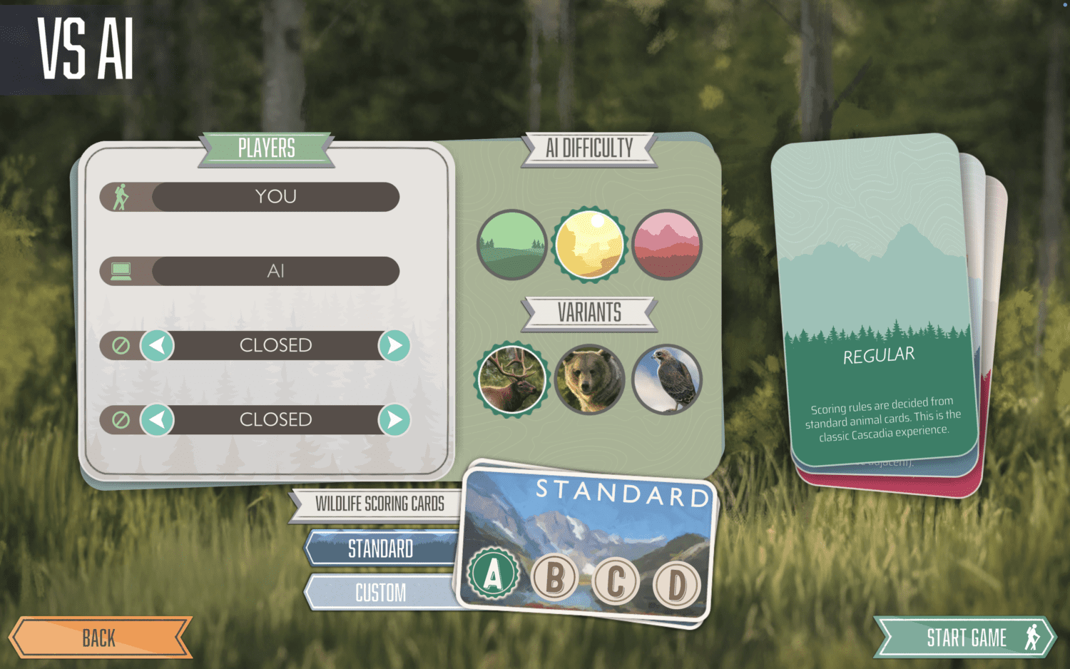 Options for playing against the AI