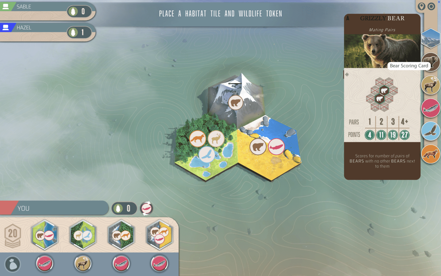 From left to right: the environment & animal tiles on offer; your starting three-hex tile. By clicking on the animal icons on the far right edge, you can bring up the scoring conditions for each animal.