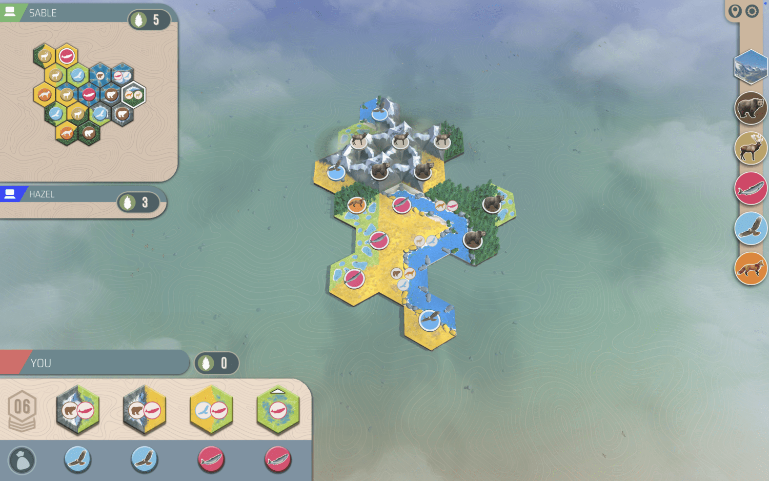 Seeing your opponent’s boards. (Note the pine cone numbers to the right of my opponent’s names, showing how many they each have.)