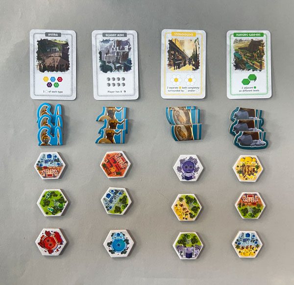 Akropolis: Athena expansion set up for a three player game.