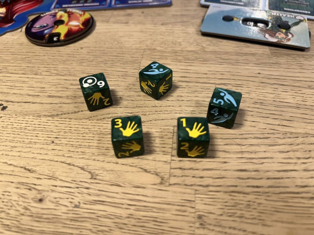 The six-sided dice are specialized to match each character.