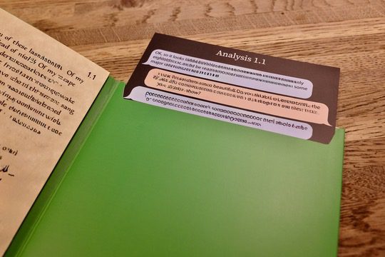 The first three text bubbles from a sheet of paper stick out over the top of a folder.