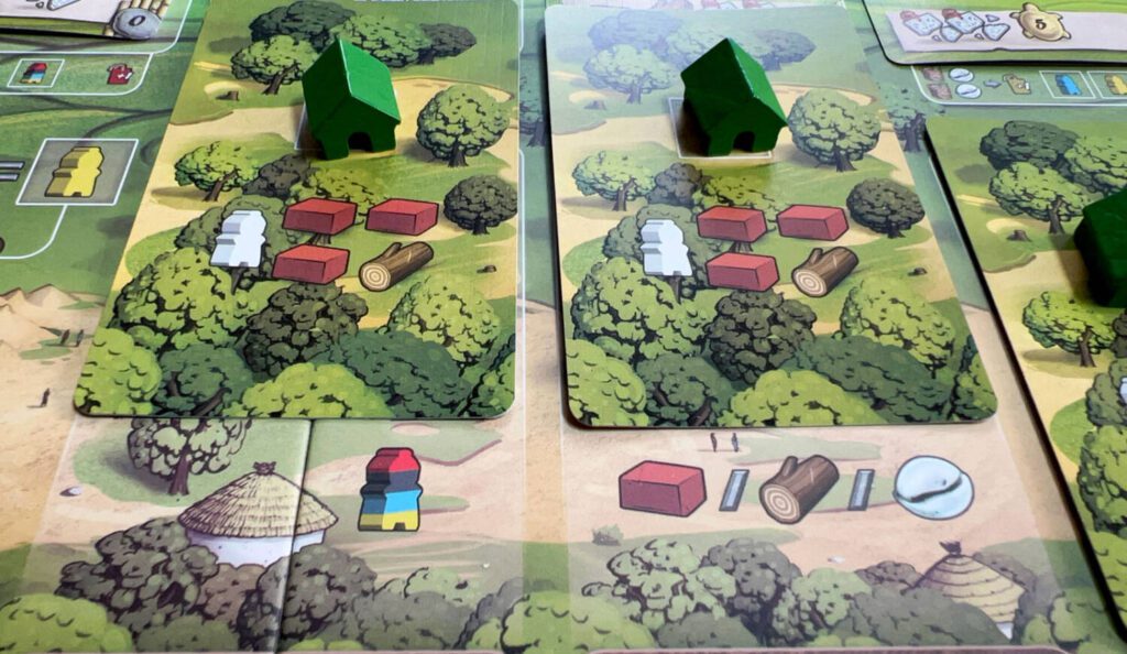 Huts require a white worker, three bricks and a wood to build. Once built, they create a space where workers or items can be traded. Additionally, they create a new spot for you to tuck a Villager card under for extra start of round bonuses.