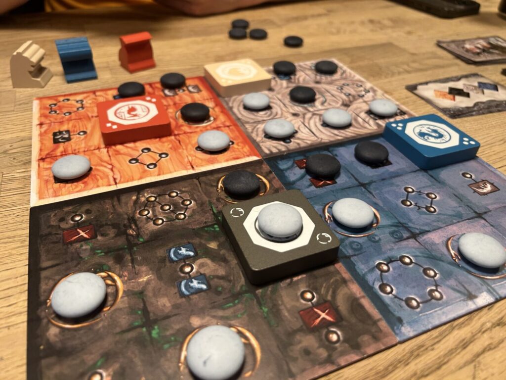 A close-up photo of the board mid-game.