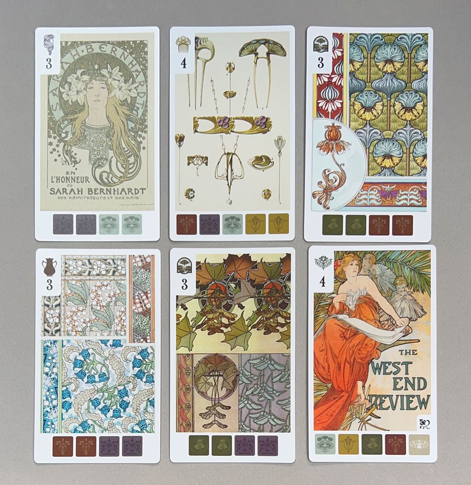 The tiles depicted along the bottom of the Pattern cards show how many of which tiles you need to collect from the Market board to acquire the card.