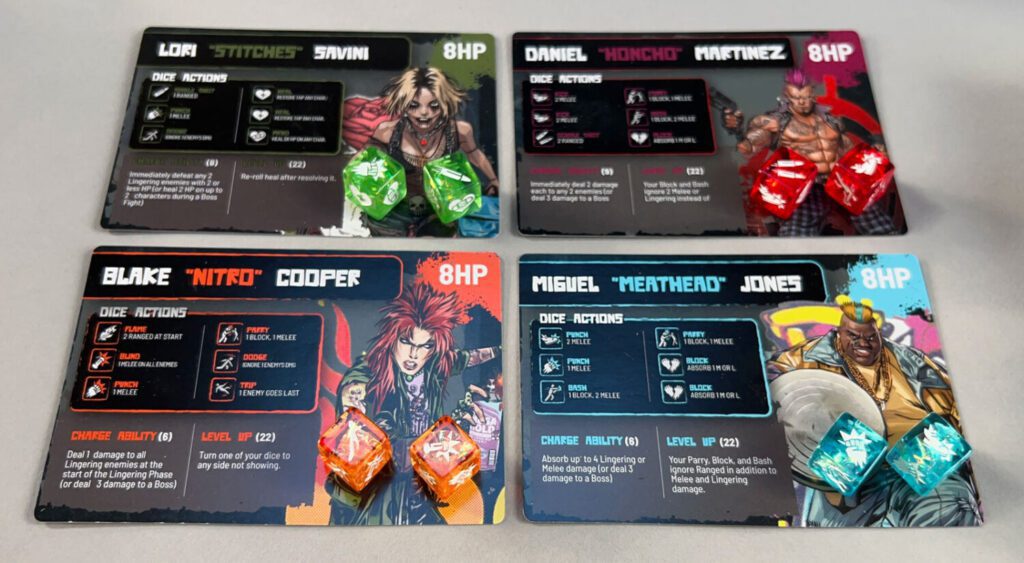 Four punks and their color-coordinated, asymmetrically powered dice.