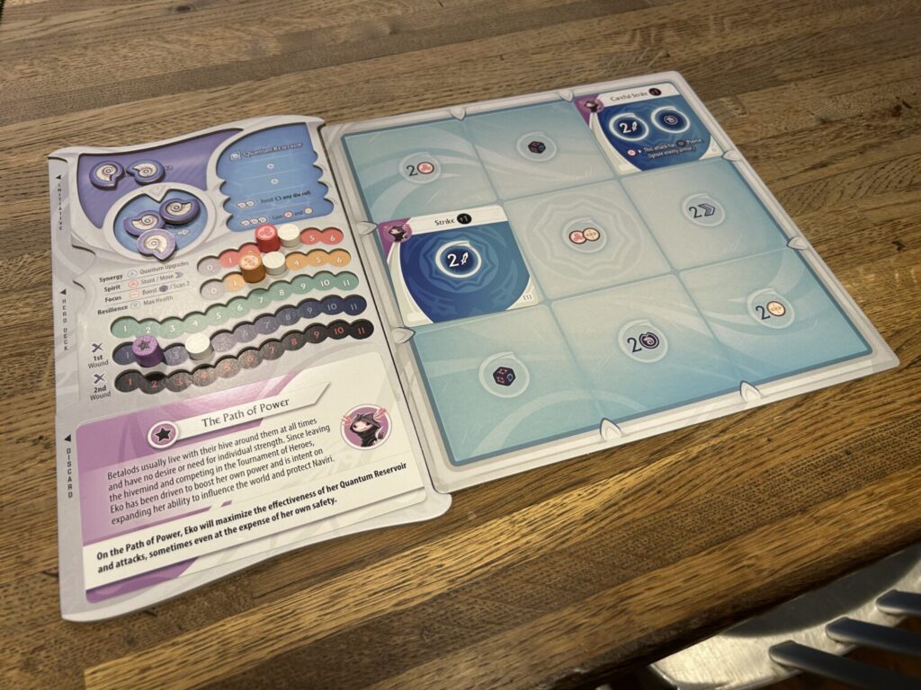 A player's Nexus Grid, a three-by-three grid with cards covering some slots. To the left is a nesting character board which tracks health and resources.