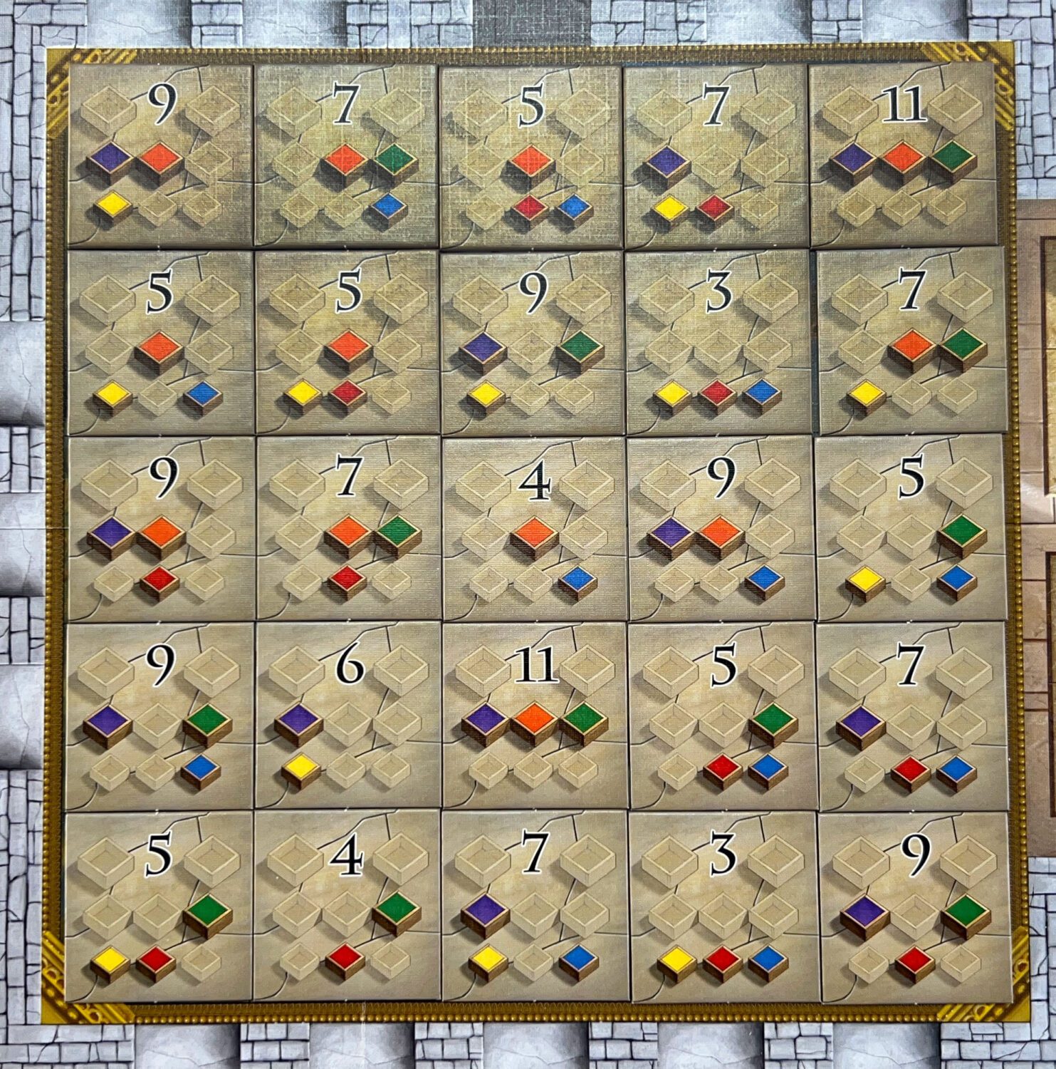 The fresco covered with tiles showing the colors needed to repair that giornata and the points awarded.