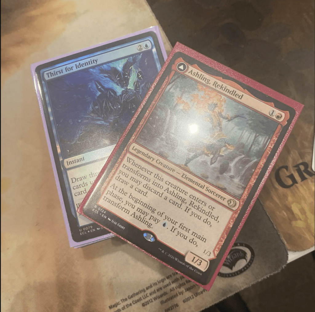 An overhead view of a newly constructed Brawl deck centered around Ashling, Rekindled from Lorwyn Eclipsed. 