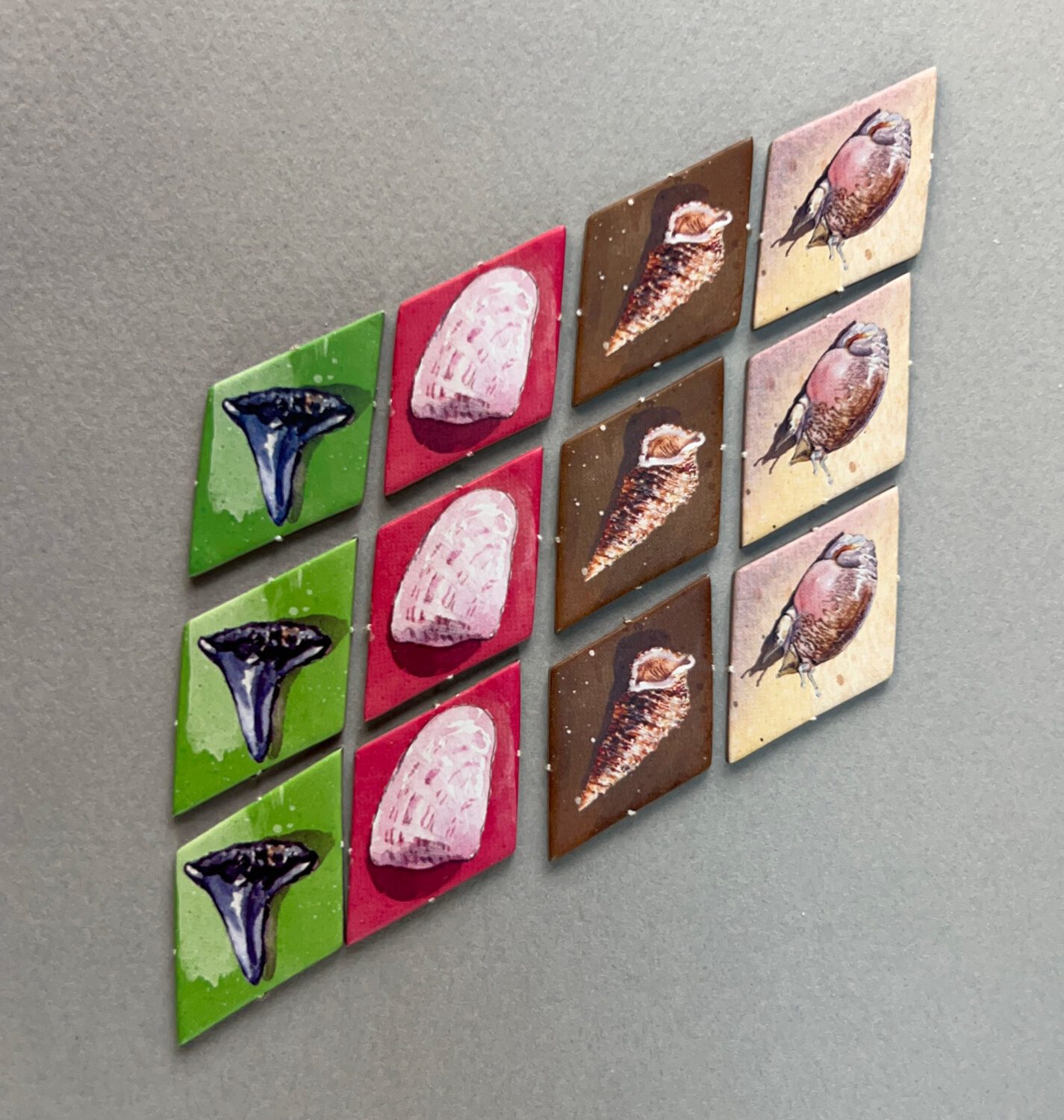 And diamond shaped tiles for the two smallest shells, shark's teeth and the sand crabs.