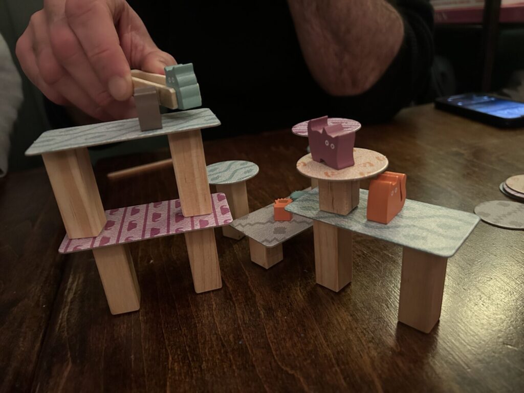 A more developed table, with several structures. A hand can be seen placing a cat using included tweezers.