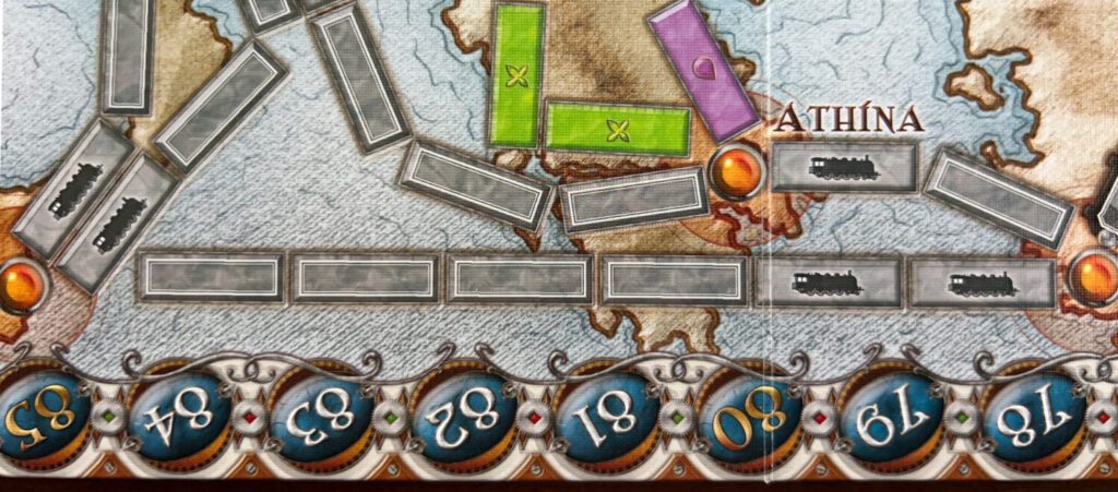 The southernmost Ferry Route. To claim it, you'll need a pair of Locomotives and four other cards, all of a single color. 