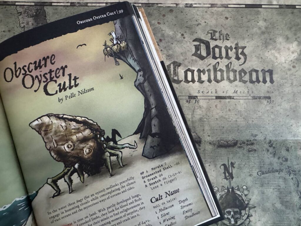 Pirate Borg open book on the Obscure Oyster Cult creature with Dark Caribbean map