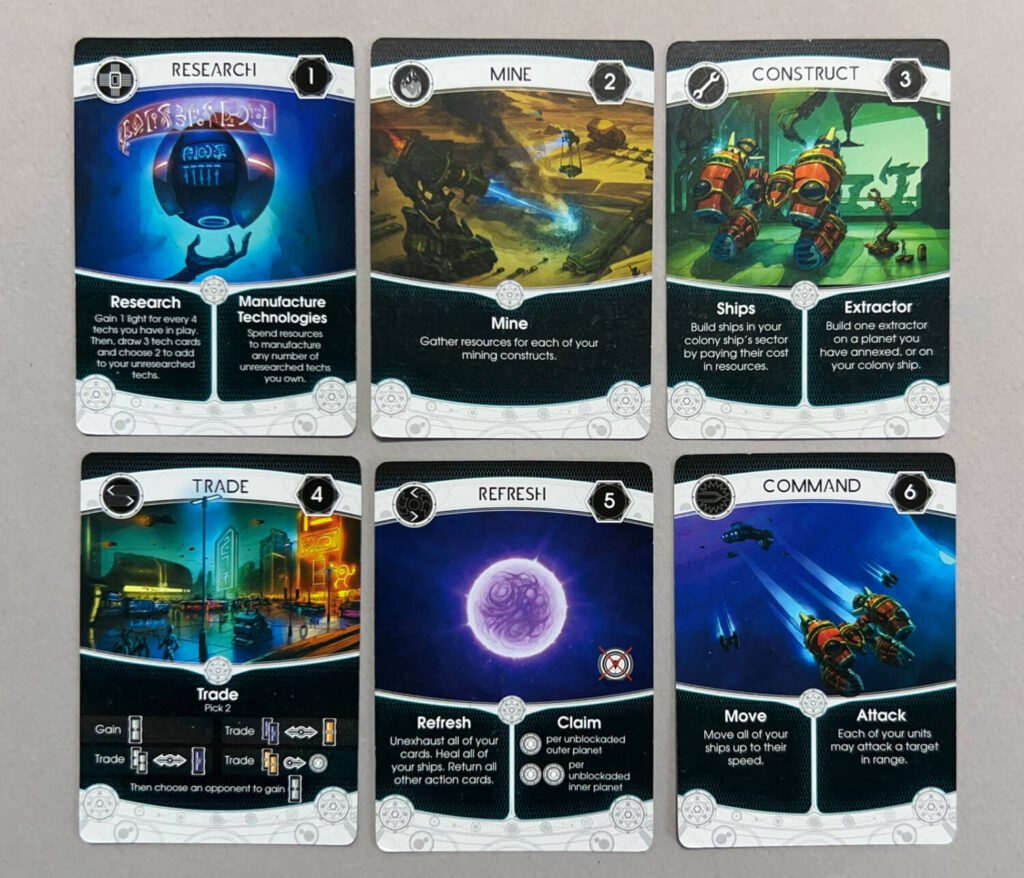 The six Action cards that will drive your game.
