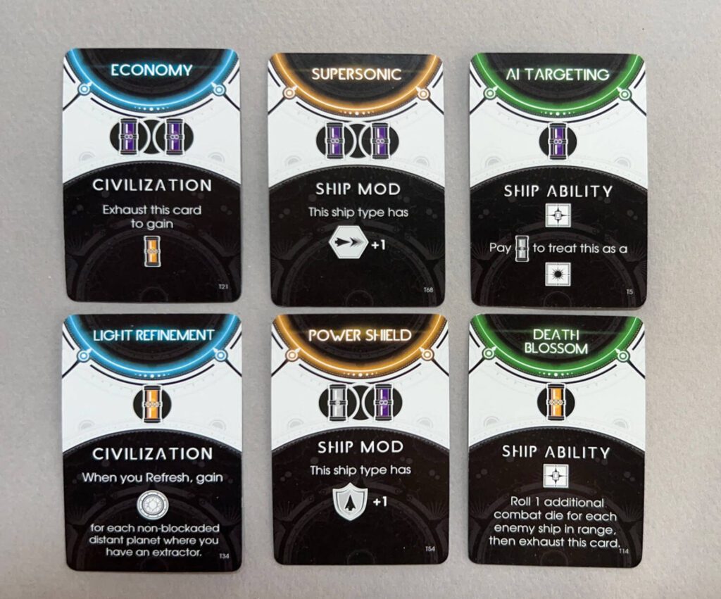 The three types of Research cards: Civilization cards allow you to gain specific bonuses; Ship Mods provide enhancements to the spaceship it's associated with; Ship Abilities increase your ship's ability to do battle.
